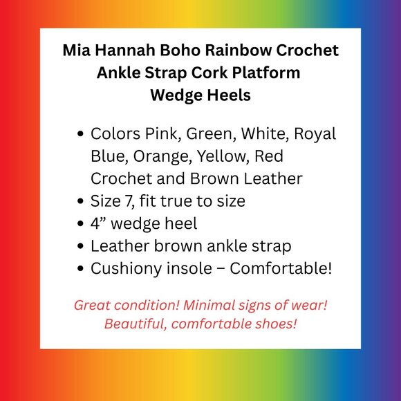 Mia Hannah Boho Rainbow Multi Color Crochet Ankle Strap Platform Cork Wedge - Picture 9 of 9
